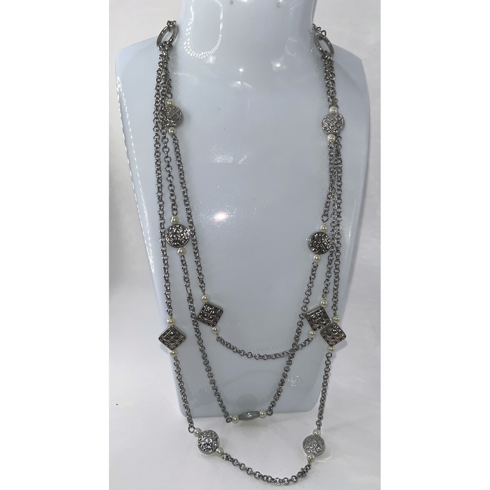 Ann Taylor Necklace Silver Tone Spacers Faux Pearls Multi Layer Delicate Dainty